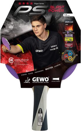 GEWO PS Blast Power – професійна ракетка для настільного тенісу, ITTF, універсальна, накладка Thunderball 2, 1,8 мм, висока обертальність, конкавна ручка