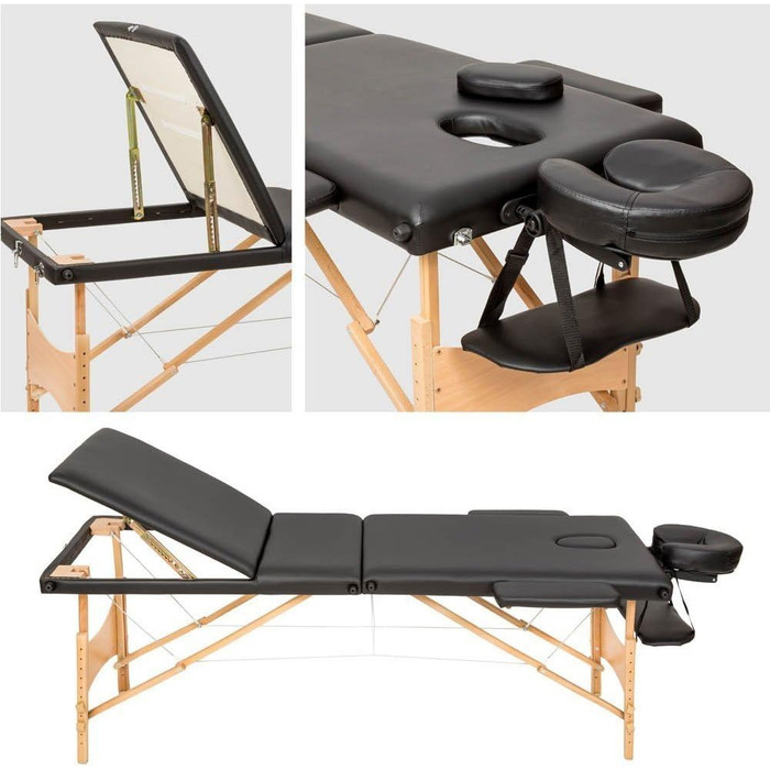 Дерев'яне крісло-масажер BAKAJI з 3 зонами, складне, для фізіотерапії, спа, велнес, професійних косметологів, чорний колір, XL LUX, з сумкою для перенесення