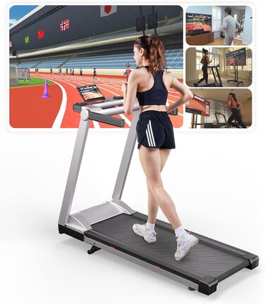 Біговий тренажер DeerRun для дому, Walking Pad з нахилом 6% та поверхнею для бігу 42 x 112 см, складаний з AI тренером та грою Multi-Runner (срібний)