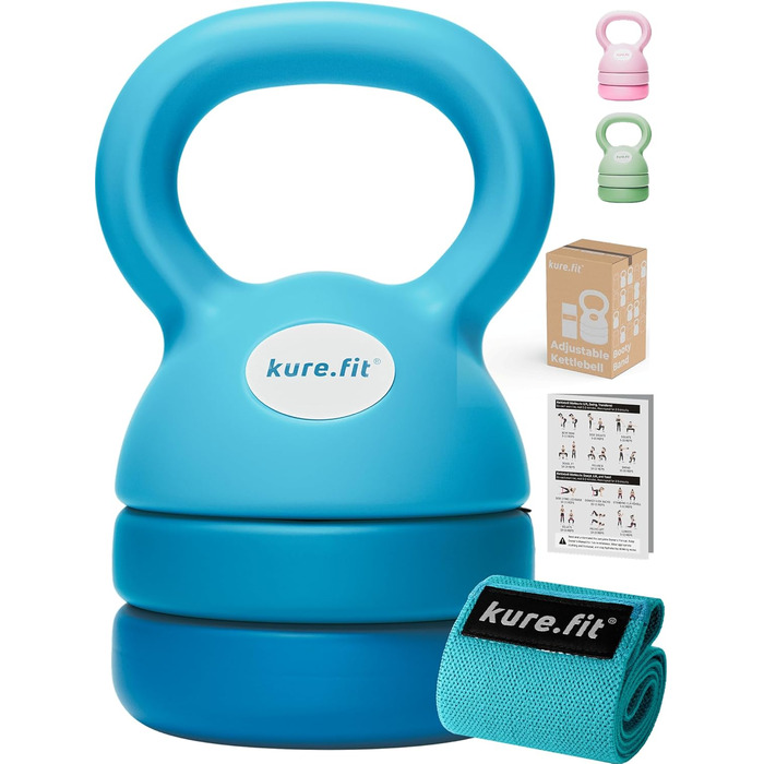 Регульований гиря Kure.fit | 2.3 - 5.4 кг | Набір гирь для домашнього фітнесу | Тренування всього тіла, силові вправи, схуднення | Гумовий еластичний пояс для сідниць | Для початківців та жінок | Колір: Блакитно-зелений (Сліди Раю)
