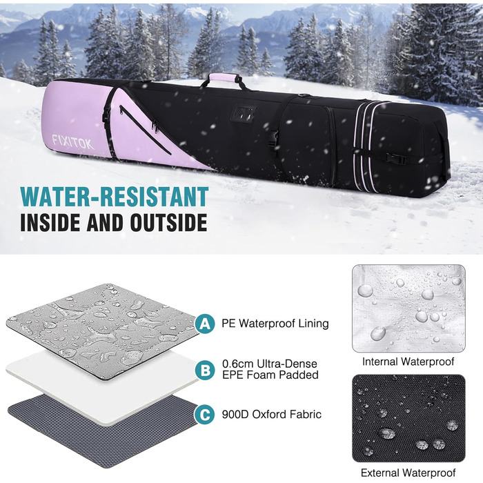 Водонепроникний сноуборд-баг для подорожей: сноуборд, черевики, одяг, шолом та спорядження (157-181 см), фіолетовий