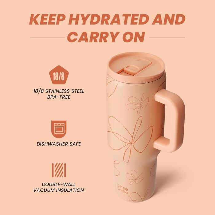 Термос пляшка 1.1 л з нержавіючої сталі з ручкою та трубочкою, BPA Free, герметична, для подорожей, офісу, спорту, з малюнком жовті квіти