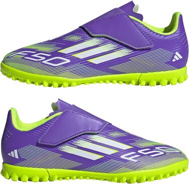 Дитячі футбольні бутси adidas F50 Club Hook and Loop для гри на траві, розмір 34 EU, фіолетовий/білий/лимонний