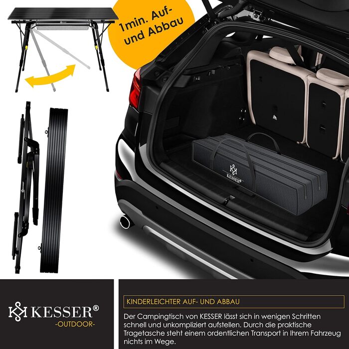 Кемпінговий стіл KESSER® розкладний, з алюмінієвим каркасом, регулювання висоти, 90x53 см, до 100 кг, чорний, з сумкою та сітчастою кишенею