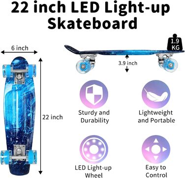 Скейтборд BELEEV 22 дюйми Mini Cruiser з LED колесами та T-Tool, для дітей, підлітків, дорослих, Galaxy Blue
