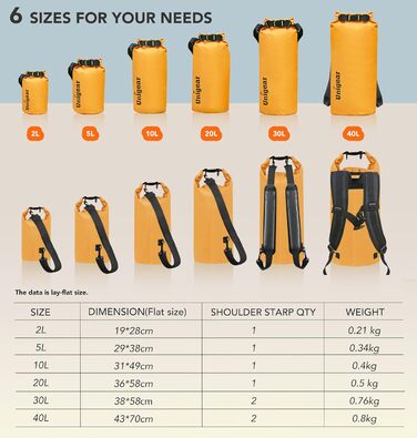 Водонепроникний мішок Unigear Dry Bag 2L/5L/10L/20L/40L для риболовлі, каякінгу, кемпінгу та пляжу з кишенею для телефону та ременями