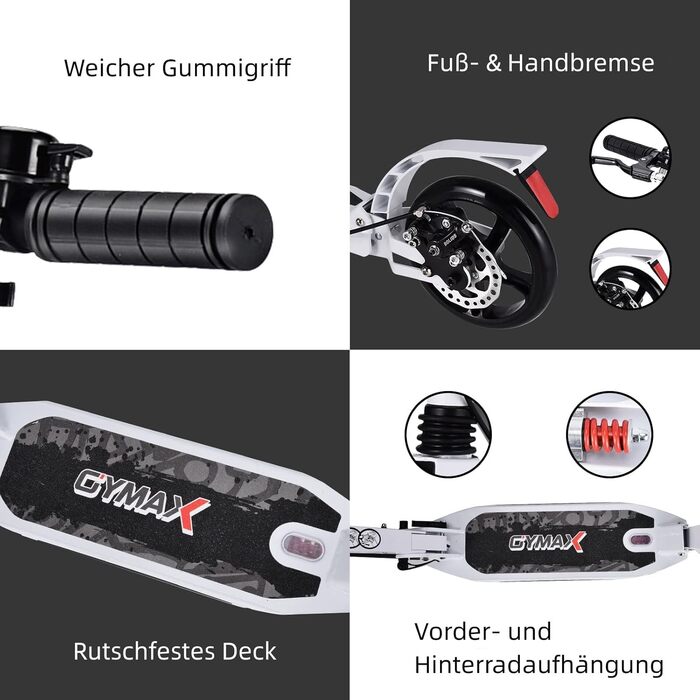 Самокат трюковий GYMAX, регульована висота, складний, 200 мм колеса, подвійне зчеплення, дзвінок, ремінь, до 100 кг, для дітей та дорослих (білий)