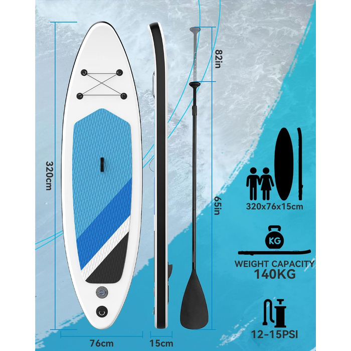 Надувна SUP-дошка 320x76x15 см, комплект для дорослих: ультралегке весло, ручний насос, плавець, рюкзак