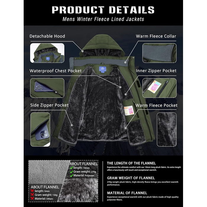 Зимова куртка для чоловіків, сноубордистська куртка, тепла, водонепроникна, для активного відпочинку, вітронепроникна знімною капюшоном (L, армійний зелений)