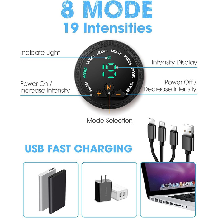 Електричний тренажер для пресу EMS, пристрій для стимуляції м'язів, USB-зарядка, 8 режимів тренування та 19 рівнів інтенсивності для пресу, рук, стегон та ніг, для жінок та чоловіків (блакитний)