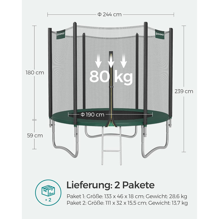 Трамплін SONGMICS Outdoor Ø 183-427 см: круглий батут для саду з захисним покриттям, сіткою, сходами та м'якими стійками