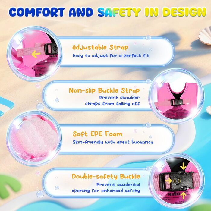 МоКо: Надувні рукавики для плавання для дітей, для хлопчиків та дівчаток. Тренувальний жилет з кріпленням на стегнах, плавальна куртка з ремінцями на плечах. Рукавики для плавання у басейні (рожевий & єдиноріг з короною, для ваги 9-23 кг)