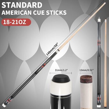 AKLOT Більярдний кий, набір 3 шт., канадський клен, 147.3 см, змішана вага