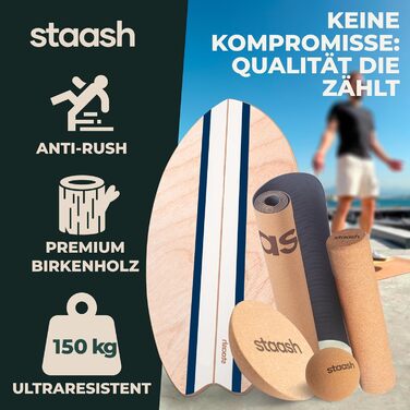 STAASH® PRO Балансборд з берези – Преміум 5-в-1 набір для балансу, фітнесу та реабілітації. Ролик + півсфера + килимок. Макс. вага 150 кг, Колір: Морська хвиля