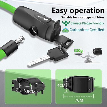 Замок для велосипеда 120см/12мм, високий рівень безпеки, кабельне спіральне кільце з 2 ключами, анти-крадіжка, для велосипеда, триколісного велосипеда, мотоцикла, скутера (зелений)