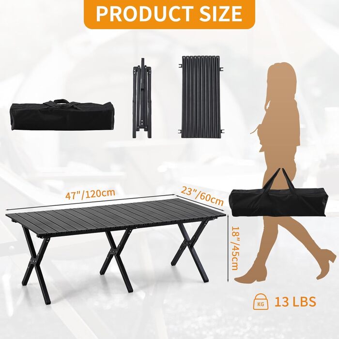Складаний туристичний стіл Boosden 120x80 см з сумкою для пікніка, грилю та відпочинку на природі (чорний)