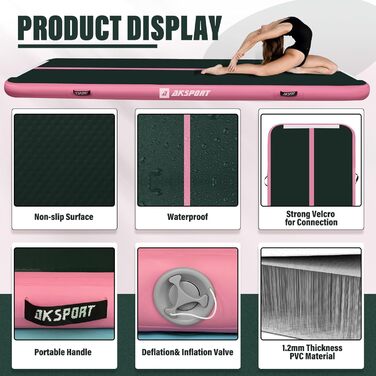 AKSPORT Килимок для гімнастики та акробатики Air Matte, 3/4/5/6м, 10/20см, з насосом, для дому, спортзалу, навчання, черлідингу (300x100x20см, чорно-зелений)