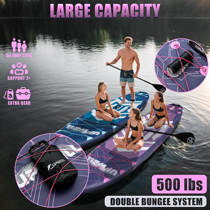 SUP-дошка Upwell 350x89 см з сидінням, надувна дошка для SUP-серфінгу (2+1) для дорослих та підлітків, фіолетова. Комплект: рюкзак, весло, ліш, насос, плавники.