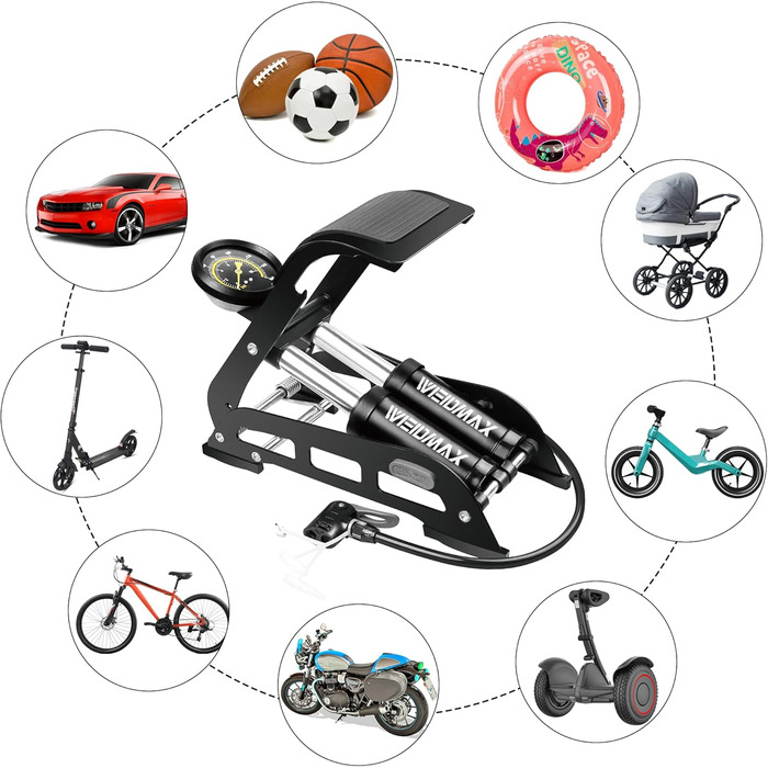 Велосипедна підкачка WEIDMAX з двома циліндрами, манометром та інтелектуальним клапаном, чорна