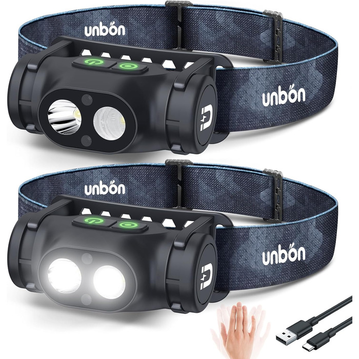 Налобний ліхтар UNBON LED акумуляторний, перезаряджається через USB-C, дуже яскравий, з регулюванням яскравості, 3 режими, сенсор, IPX4, вологостійкий, для туризму, риболовлі, 2 шт.