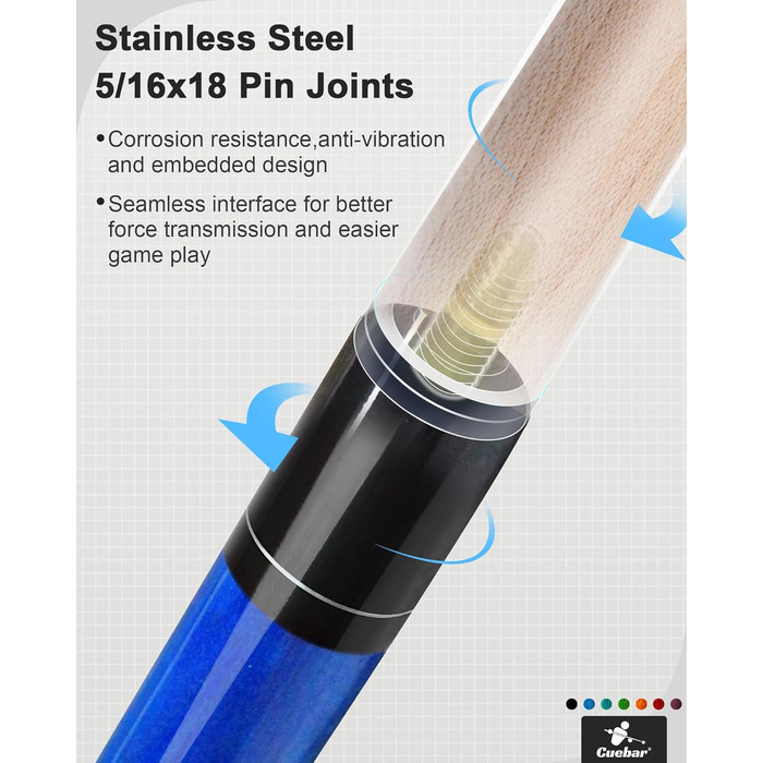 Набір київ для більярду CUEBAR 6 шт., киї 45,7 см, 50,8 см, 595,3 г. Киї для більярду з 3D-рукояткою, 147,3 см для чоловіків та жінок. Кольори: фіолетовий, червоний, зелений, блакитно-зелений, синій, чорний