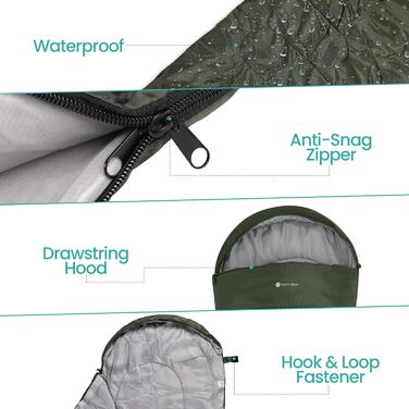Спальний мішок Mumienschlafsack для дорослих - легкий, компактний, водонепроникний, з капюшоном, 220x85 см, теплий, придатний для прання, для кемпінгу, трекінгу, подорожей, зелений