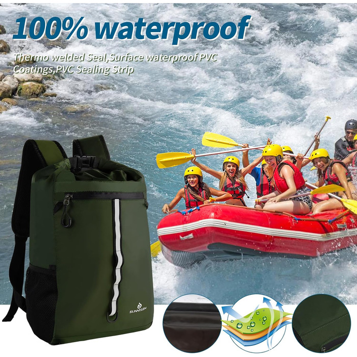 Sunnylon Сумка-рюкзак Dry Bag 20L, водонепроникна з відділенням для телефону, IPX8, для плавання, каякінгу, рафтингу, зеленого кольору