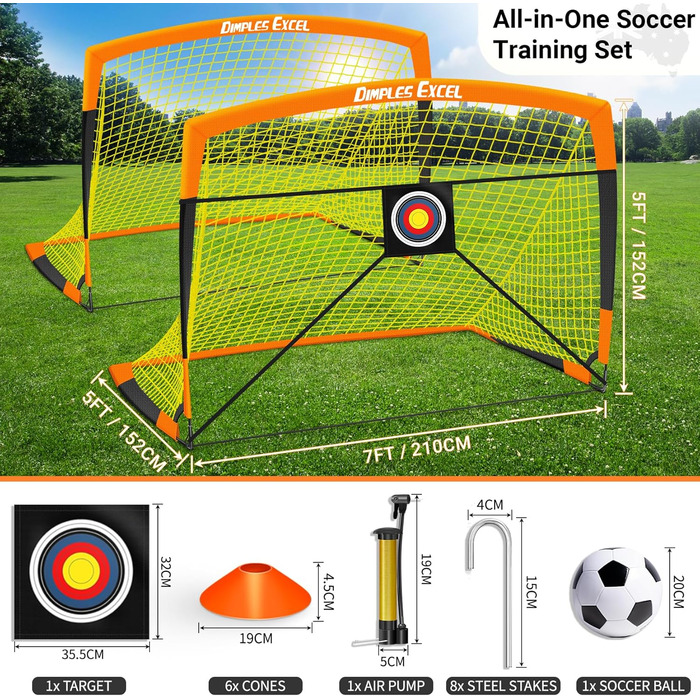 Ворота для футболу Dimples Excel Pop-Up – розкладні для дітей | 1 або 2 шт. в розмірах 120x90 / 152x110 / 213x152 см | 3 кольори на вибір | Опційно з м'ячем, насосом, конусами та мішенню | Для саду та подарунка (2-213x152 помаранчевий+аксесуари)