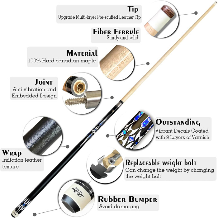 Професійний бильярдний кий Billard-Queuestab S8 з кейсом, наконечник 13 мм, 147,3 см, канадський клен, аксесуари, вага 18,19,20,21,22 г (на вибір), блакитний, чорний, червоний, сірий, зелений