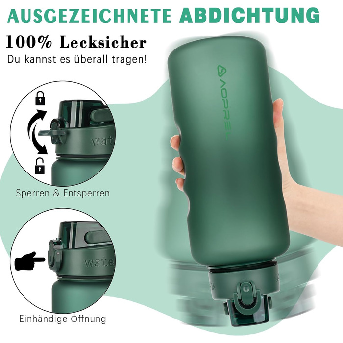 Спортивна пляшка для води AOPREL 1.5L з фільтром, Tritan BPA-free, герметична пляшка для фітнесу, походів, школи та офісу (Зелена)