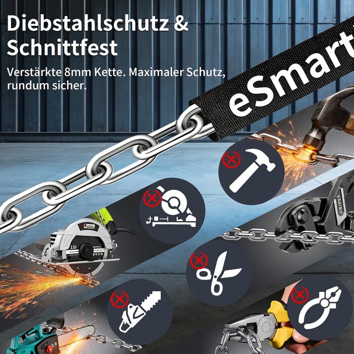 Замок для велосипеда Eseesmart з відбитки пальця та ключами, ланцюговий протикрадіжний замок (8мм x 1000мм), водонепроникний для електросамокатів, e-bike та мотоциклів