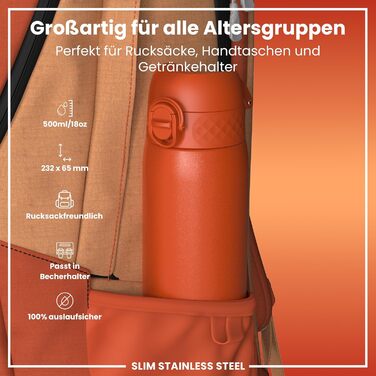 Фляга для води ION8 Leicht, 600 мл, сталь, оранжева - неізольована, з клапаном, зручна для миття