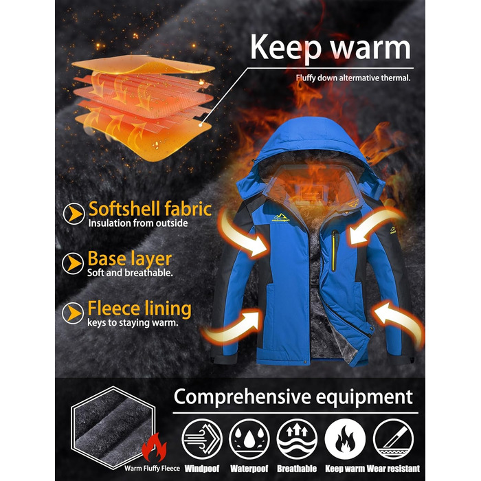 TACVASEN чоловіча тепла зимова куртка з капюшоном, водонепроникна, функціональна, блакитна