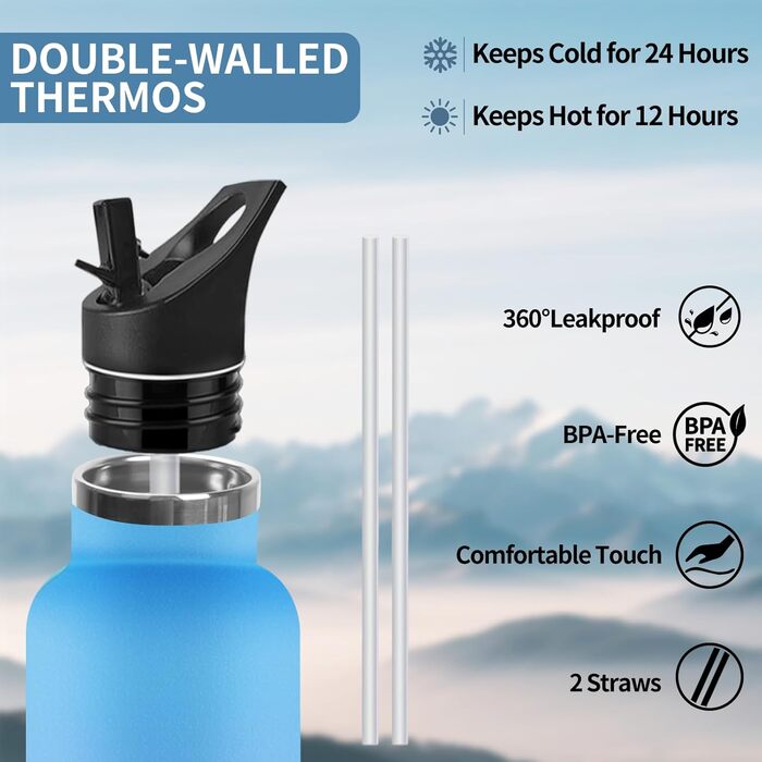 Термос-пляшка 1000 мл, нержавіюча сталь, з соломкою, без BPA, подвійні стінки, для води та газованих напоїв (блакитний & фіолетовий)