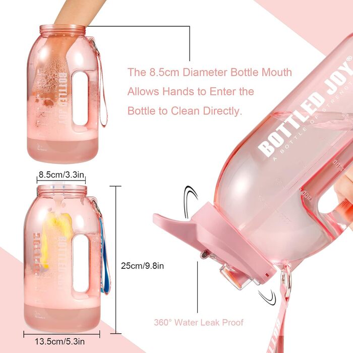 Пляшка для води Glaxcidy 2 в 1 2,5 л BOTTLED JOY з трубочкою та кришкою, з маркуванням часу, без BPA, для спорту, рожева (півгалона)