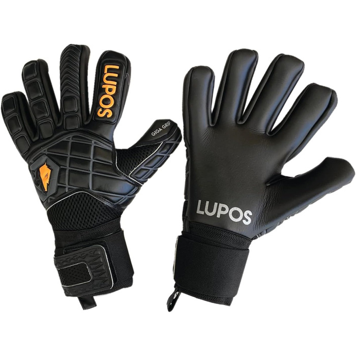 Воротарські рукавички LUPOS Hyper Black для дорослих і дітей, негативний крій, 4+4 мм долоня Giga Grip, дихаюча сітка, 4 мм латекс Dumbo з 8 мм піною