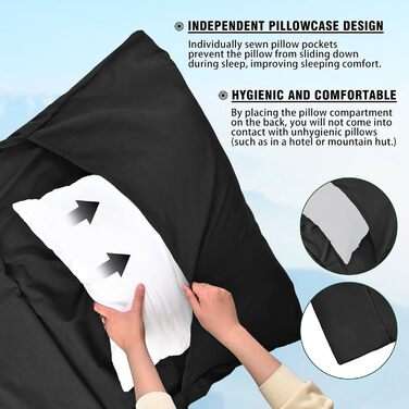 Спальний мішок туристичний бавовна, ультралегкий, для кемпінгу та піших прогулянок, з двостороннім замком, чорний