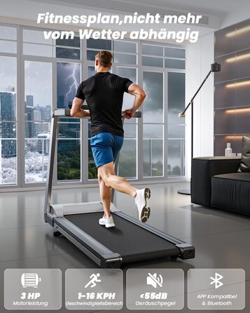 Складне бігове доріжки для дому Klappbar 16 km/h, Walking Pad Foldable з нахилом 6%, бігове доріжки 158 KG велика площа бігу 112 * 42cm, бігове доріжки тихе для дому та офісу (Срібно-Чорний)