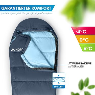 Спальний мішок NORDMUT® для дорослих – компактний та ультралегкий (900/1500г) – на 3 сезони (250 GSM) & літній спальний мішок (100 GSM) – мумієвидний спальник для кемпінгу, відпочинку на природі та фестивалів. Колір: Marine.