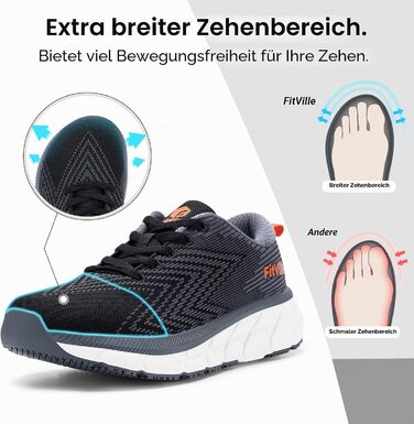 Кросівки чоловічі FitVille Extra Wide для бігу, фітнесу та тенісу, дихаючі, амортизуючі, чорно-сірі, розмір 45 EU, широка колодка