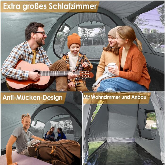 Намет для кемпінгу на 4 особи: водонепроникний тунельний намет для сім'ї та групи, з шатром для сну, сірий