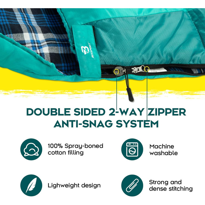 Спальний мішок Bessport фланелевий для кемпінгу 3-4 сезони -10°C-20°C | Зимовий, легкий, водонепроникний та теплий для дорослих та дітей, для подорожей з рюкзаком, кемпінгу, походів та подорожей. Фланелевий, блакитний, зелений (-5℃)