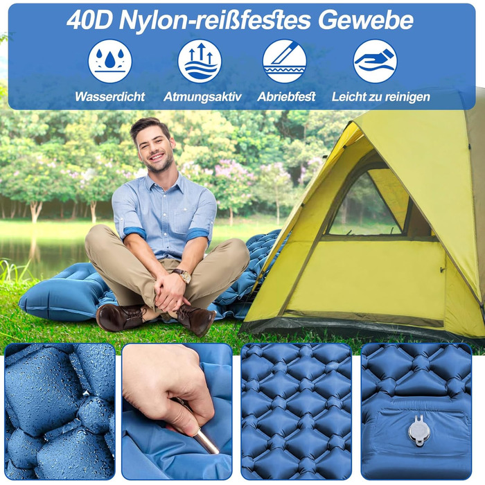 Isomatte HVIERO Саморозкладається, надувна, для кемпінгу, рюкзак, подорожі, туризм. Легка, компактна, блакитна.