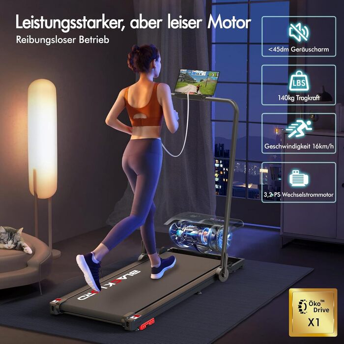 Walkingpad Laufband BLACK LORD MS2H: біговий доріжки для дому, 9-16 км/год, нахил до 9%, 2.2-3.2 PS, до 140 кг, LED-дисплей, мобільний додаток, тиха робота, чорний колір (з ручками)