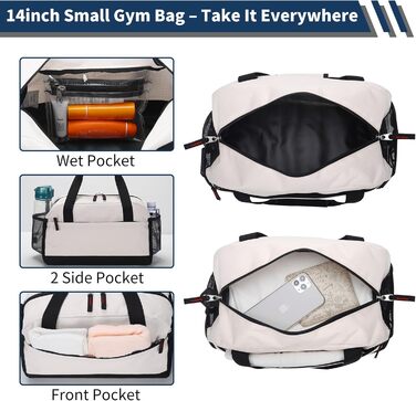 Спортивна сумка маленька з відділенням для мокрого, 35×20×20 см, ручна поклажа, міні-дуфіль, з кількома відділеннями для спорту, відпочинку, коротких подорожей (бежева)