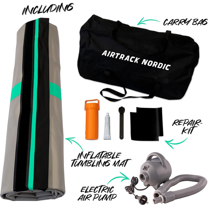 AirTrack Nordic Carbon – надувний гімнастичний мат 3-8 м з насосом, ширина 1,5 м, товщина 15 см, для дому, гімнастики та черлідингу