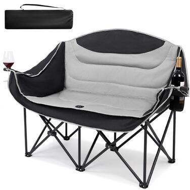 Двомісний розкладний крісло-диван для кемпінгу з підстаканниками, великий, чорно-білий