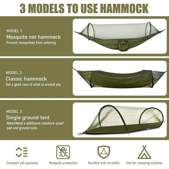 Гамак для відпочинку на природі Ultraleicht 270x140см з москітною сіткою, міцний та довговічний, з сумкою для зберігання. Підходить для саду, кемпінгу, балкону, двору, пляжу