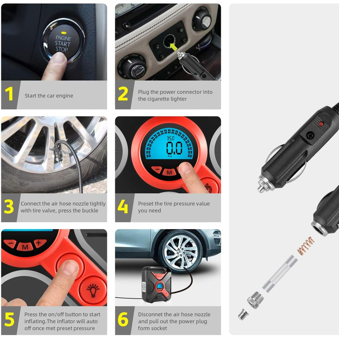 Автокомпресор WindGallop 12V з манометром і LED, для шин авто, велосипедів, м'ячів, басейнів, адаптери, червоний