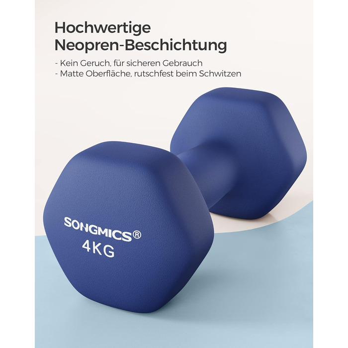 Гантелі SONGMICS 2×4 кг, шестигранні, неопрено-обробка, для силових тренувань вдома, сині